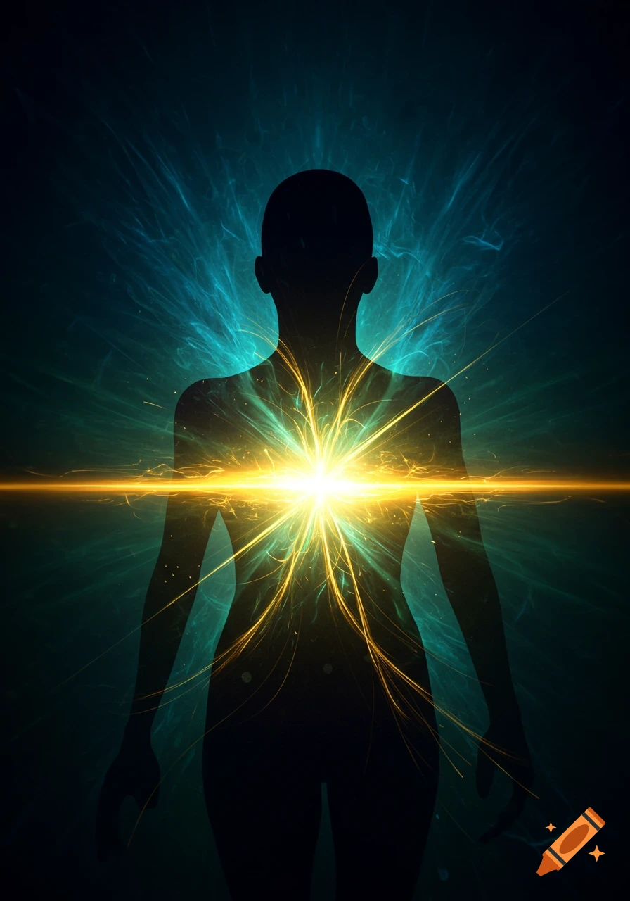 Abstract human silhouette with bright golden energy bursting from the chest against a dark teal, glowing background.