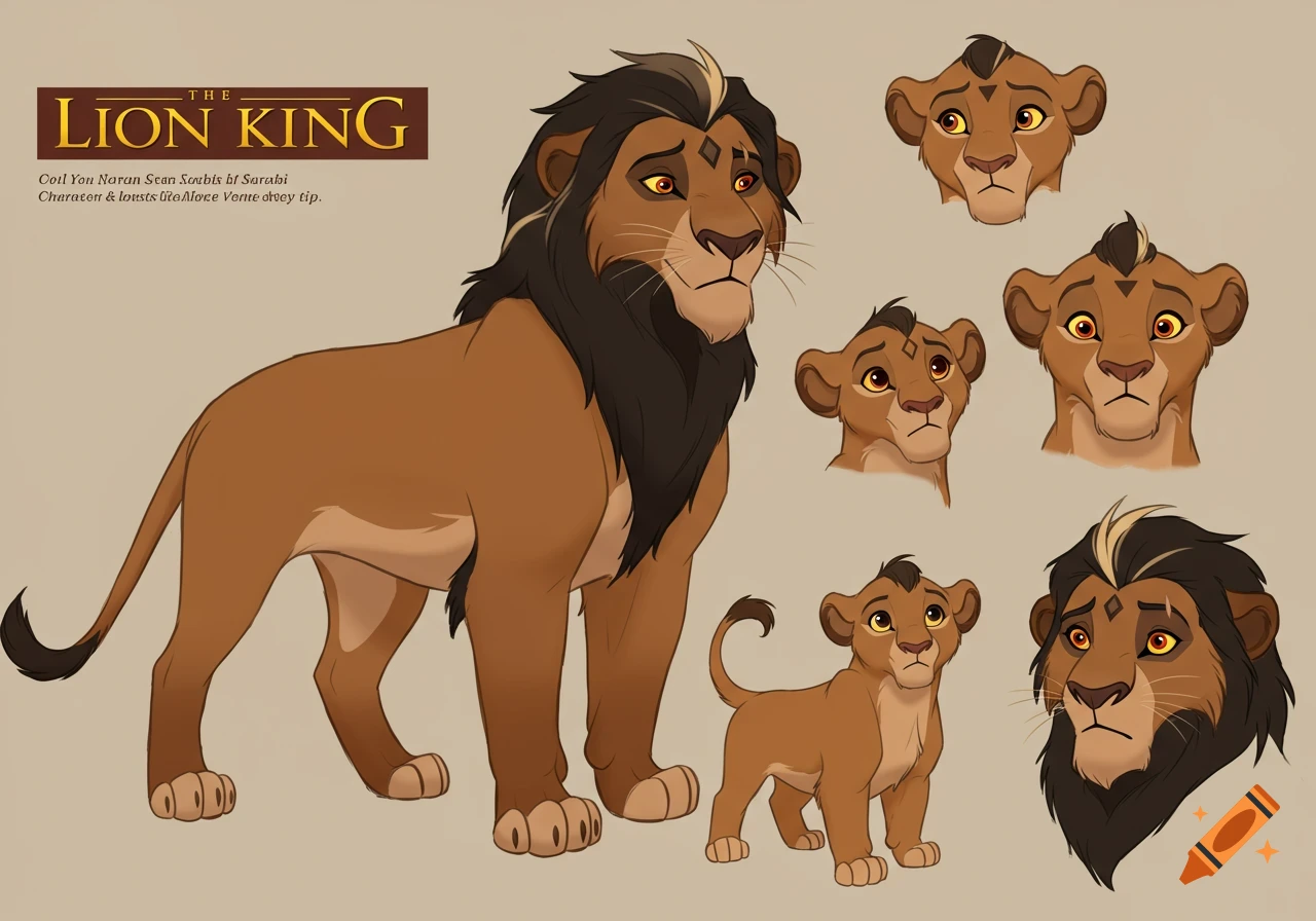 A character reference sheet in The Lion King style, featuring an adult lion and a cub with dark manes, brown fur, and golden eyes, alongside several headshots.