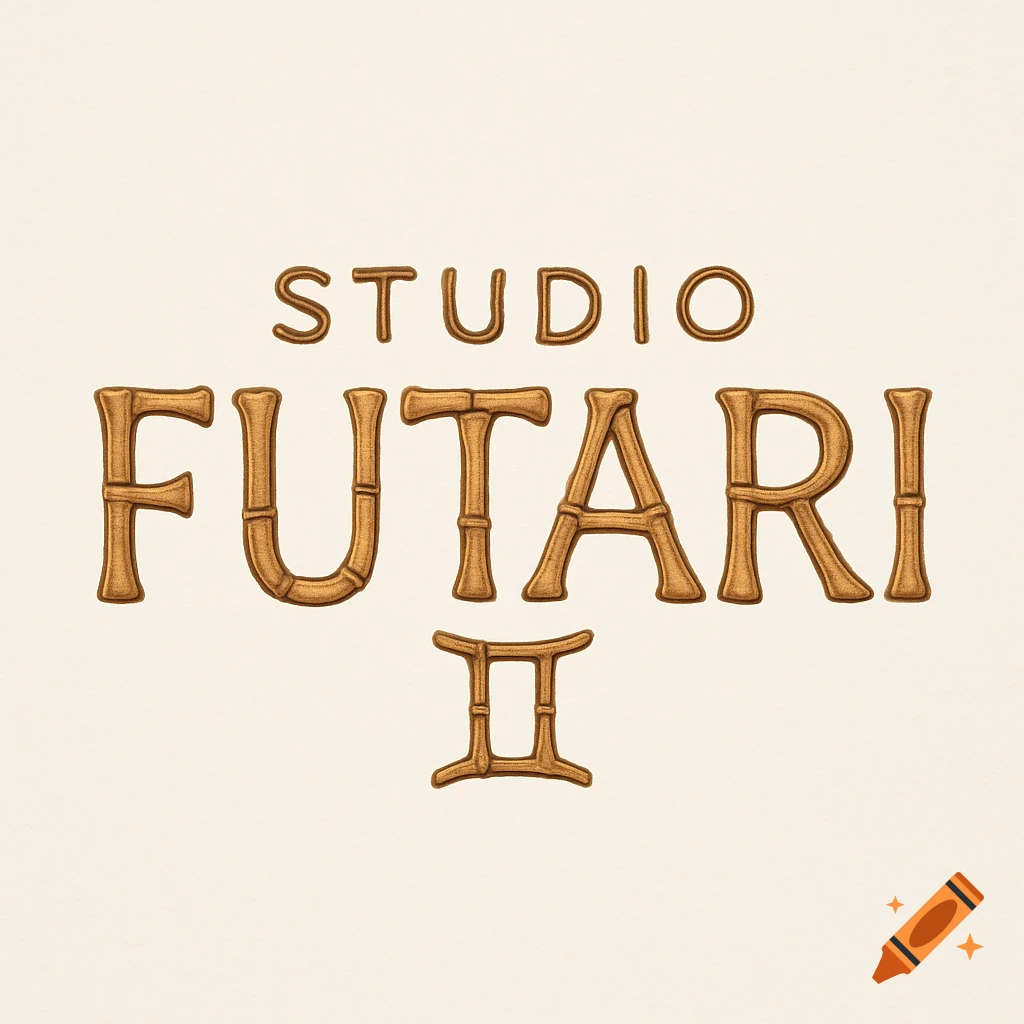 A logo with 'STUDIO' at the top and 'FUTARI' below, all in a bamboo-textured font, with a Gemini symbol below 'FUTARI'.