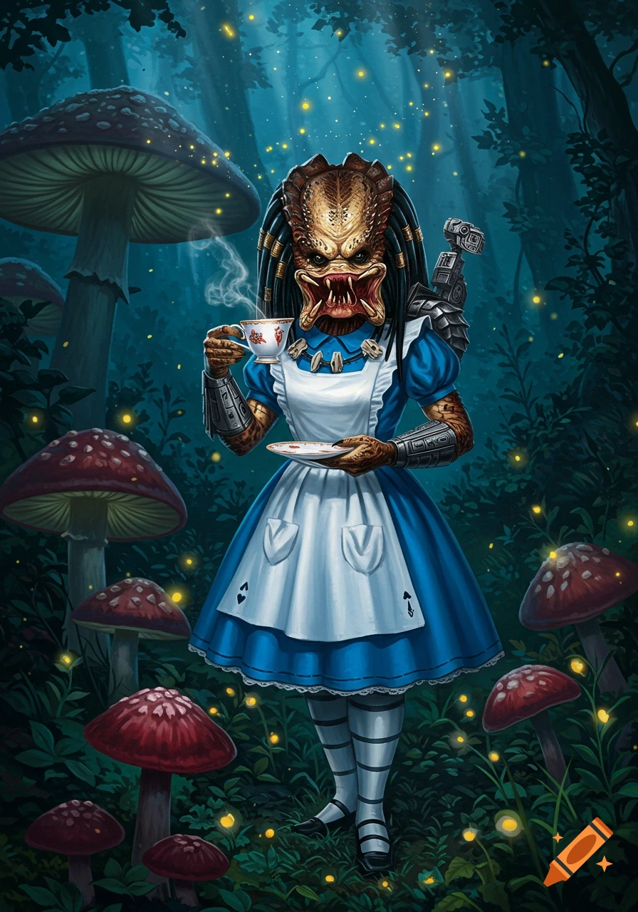 An illustrated Predator alien in an Alice in Wonderland dress drinks tea in a glowing fantasy forest with giant mushrooms.