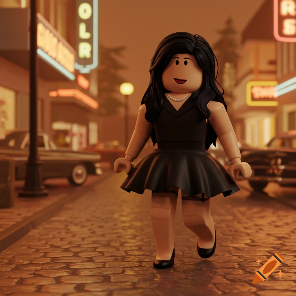 Roblox character with long black hair and a black dress walking on a cobbled street at night, with neon signs in the background.