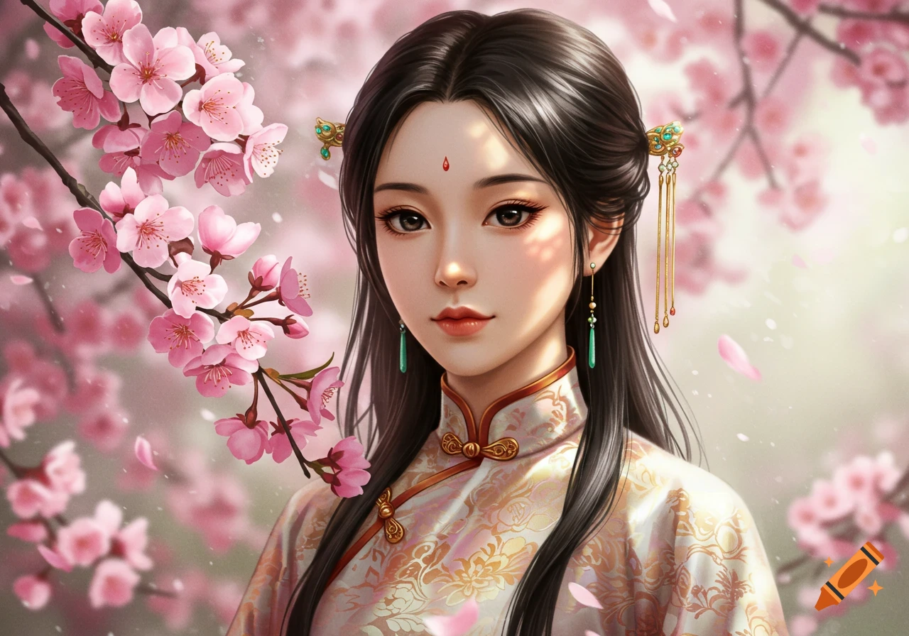 A beautiful East Asian girl in traditional dress with ornate hairpins, surrounded by pink cherry blossoms, digital art.