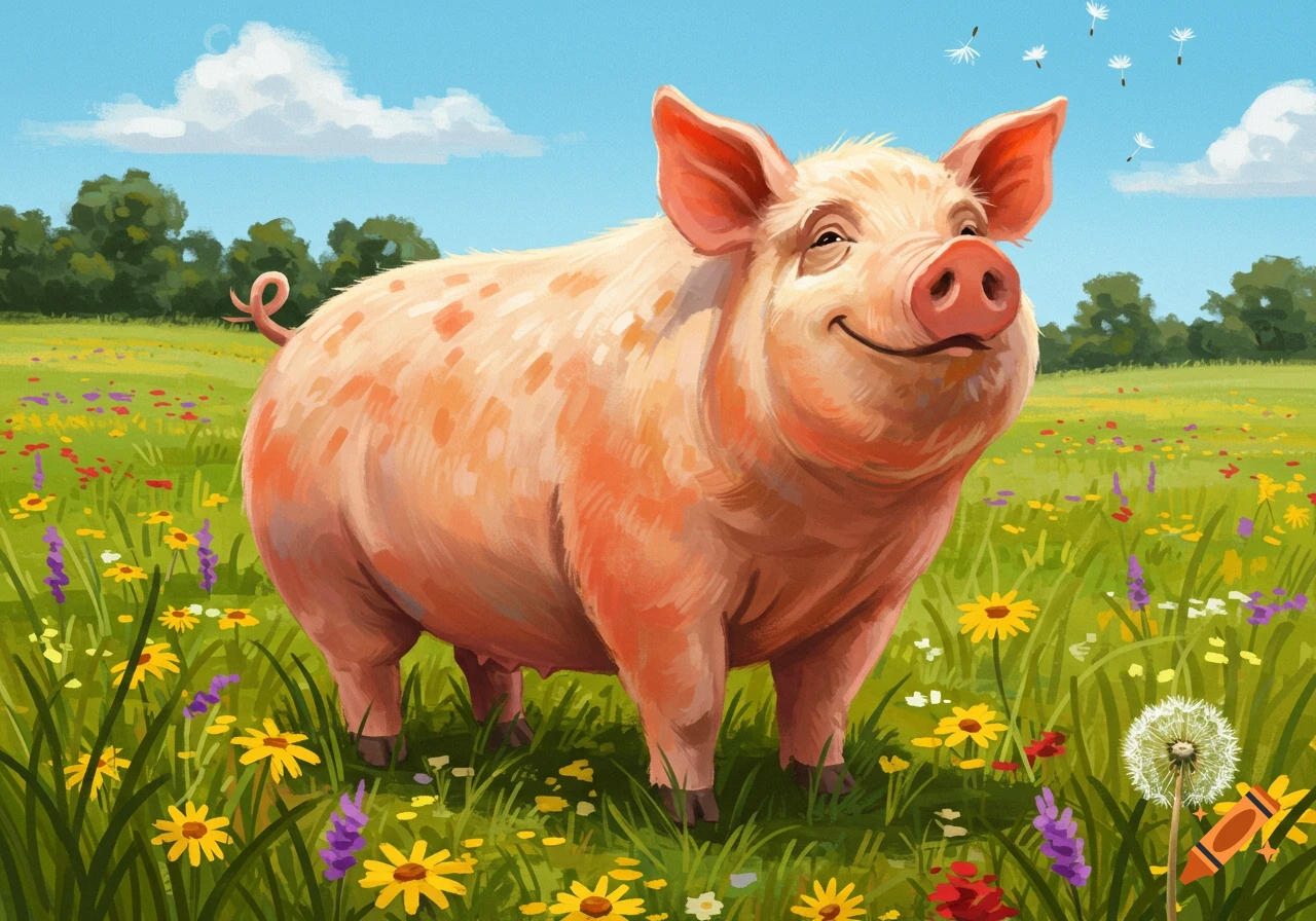 A smiling pig stands in a colorful wildflower field under a blue sky, depicted in an illustration.