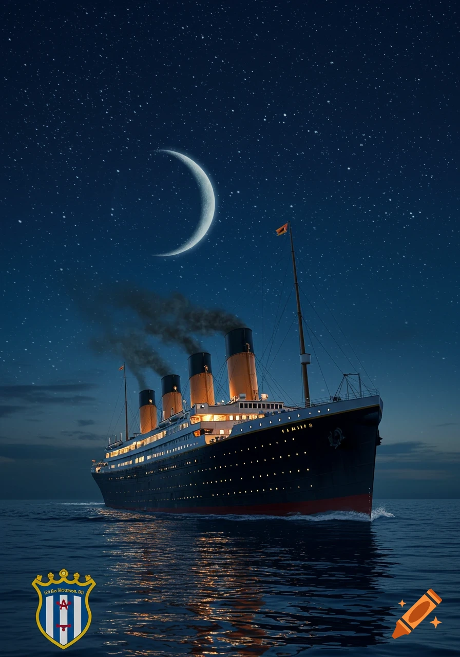 Photorealistic image of the Titanic sailing at night under a crescent moon and starry sky, with a crest in the foreground.