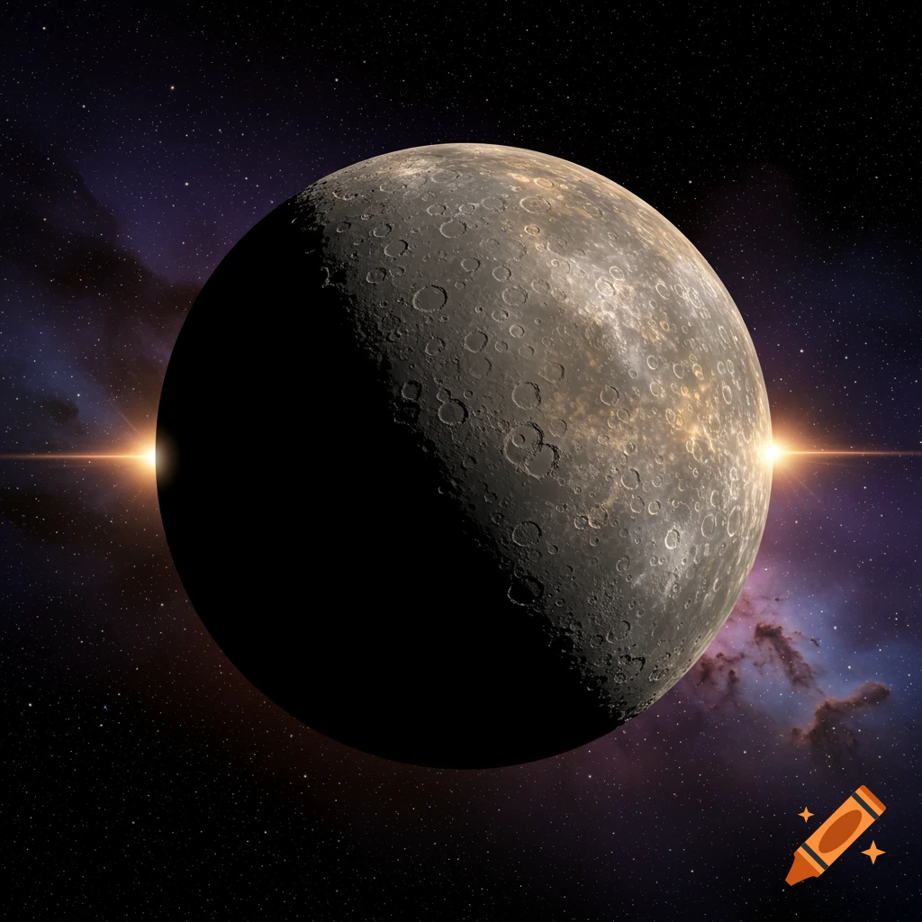 A photorealistic, half-lit, cratered planet resembling Mercury in deep space with stars and a distant nebula.
