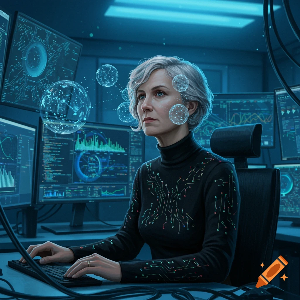 A woman with grey hair in a high-tech lab, wearing a circuit-patterned turtleneck, typing at a keyboard with multiple glowing blue data screens and digital bubbles surrounding her.