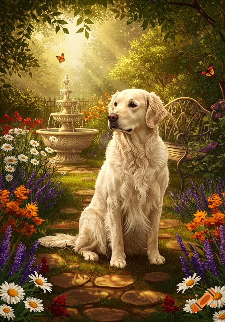 A light golden retriever sits on a stone path in a vibrant, sunlit garden with a tiered fountain and colorful flowers, in an illustrative style.