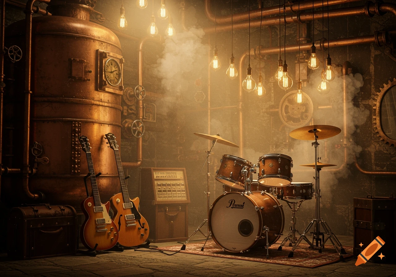 Drums and two electric guitars in a steam-filled steampunk engine room, illuminated by hanging light bulbs.