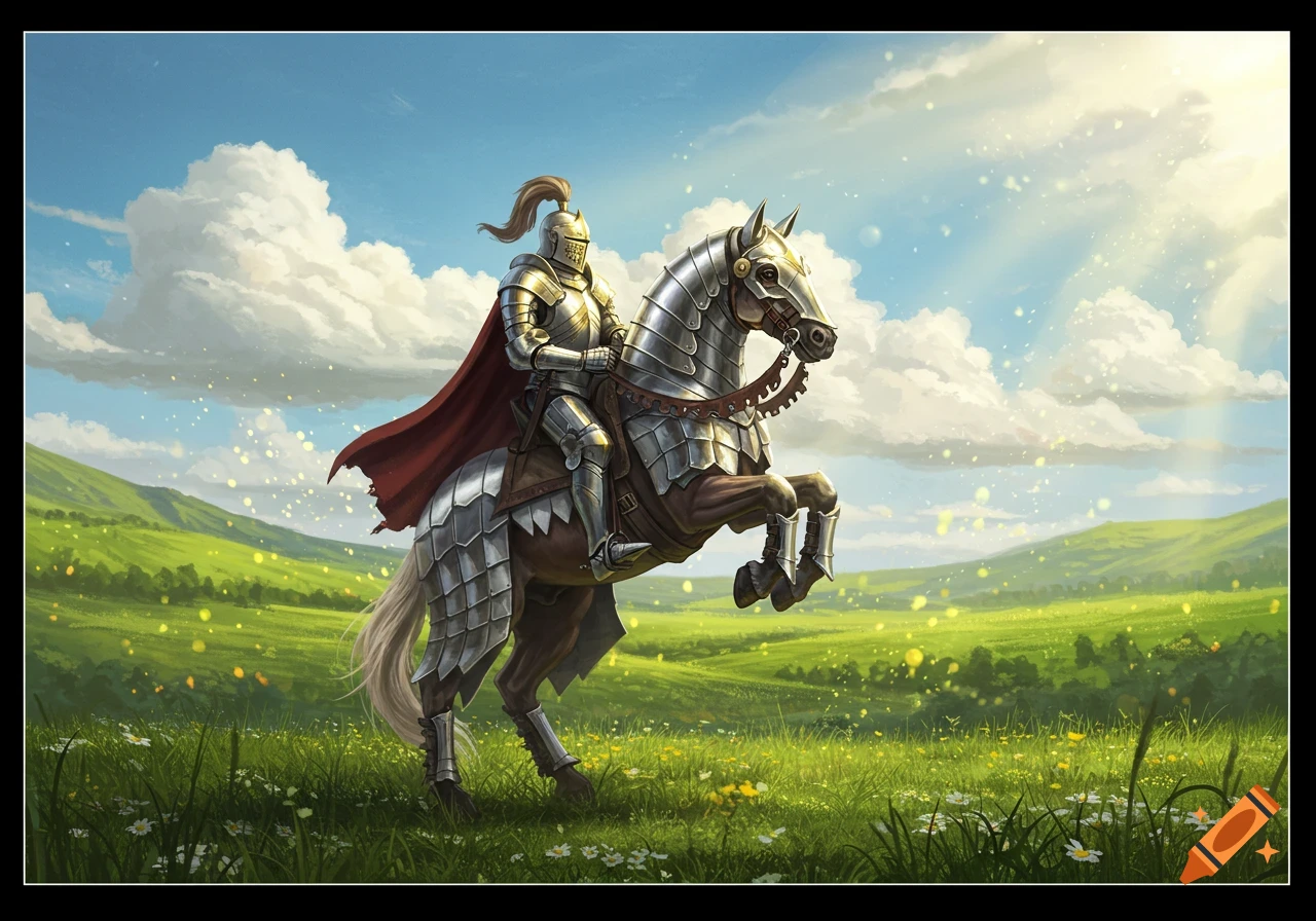 A knight in shining armor with a red cape sits atop a rearing, armored horse in a bright, sunlit green field with distant hills.