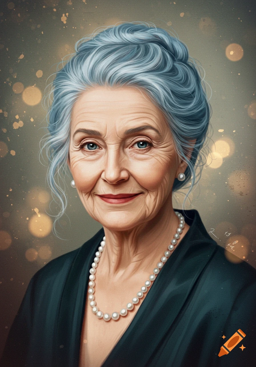 Portrait of an elegant elderly woman with blue-gray hair in a bun, blue eyes, a pearl necklace, and earrings, against a bokeh background.