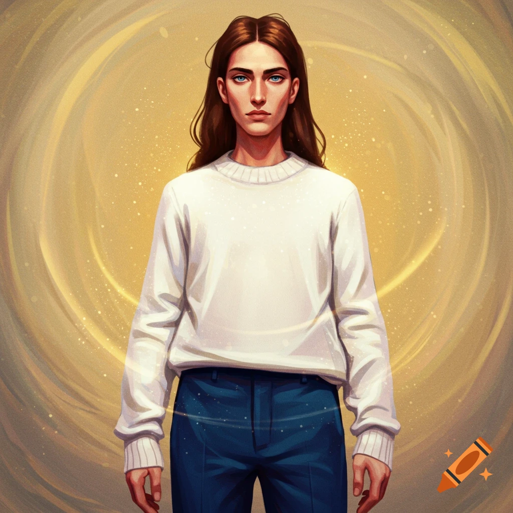 Stylized illustration of a person with long brown hair, blue eyes, white sweater, and blue pants against a golden swirl.