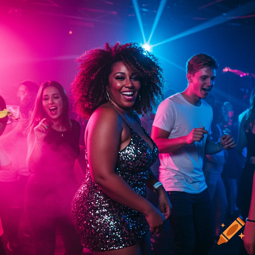 A confident, smiling woman with curly hair in a sequined dress dances on a crowded club dance floor under pink and blue lights.