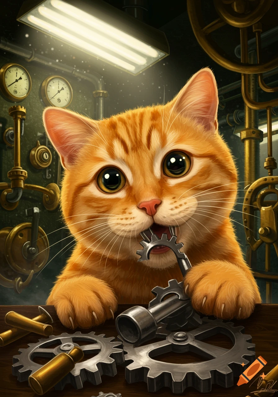 A cute ginger cat with big eyes holds a gear in its mouth, surrounded by steampunk machinery and other gears on a wooden table. Digital illustration.