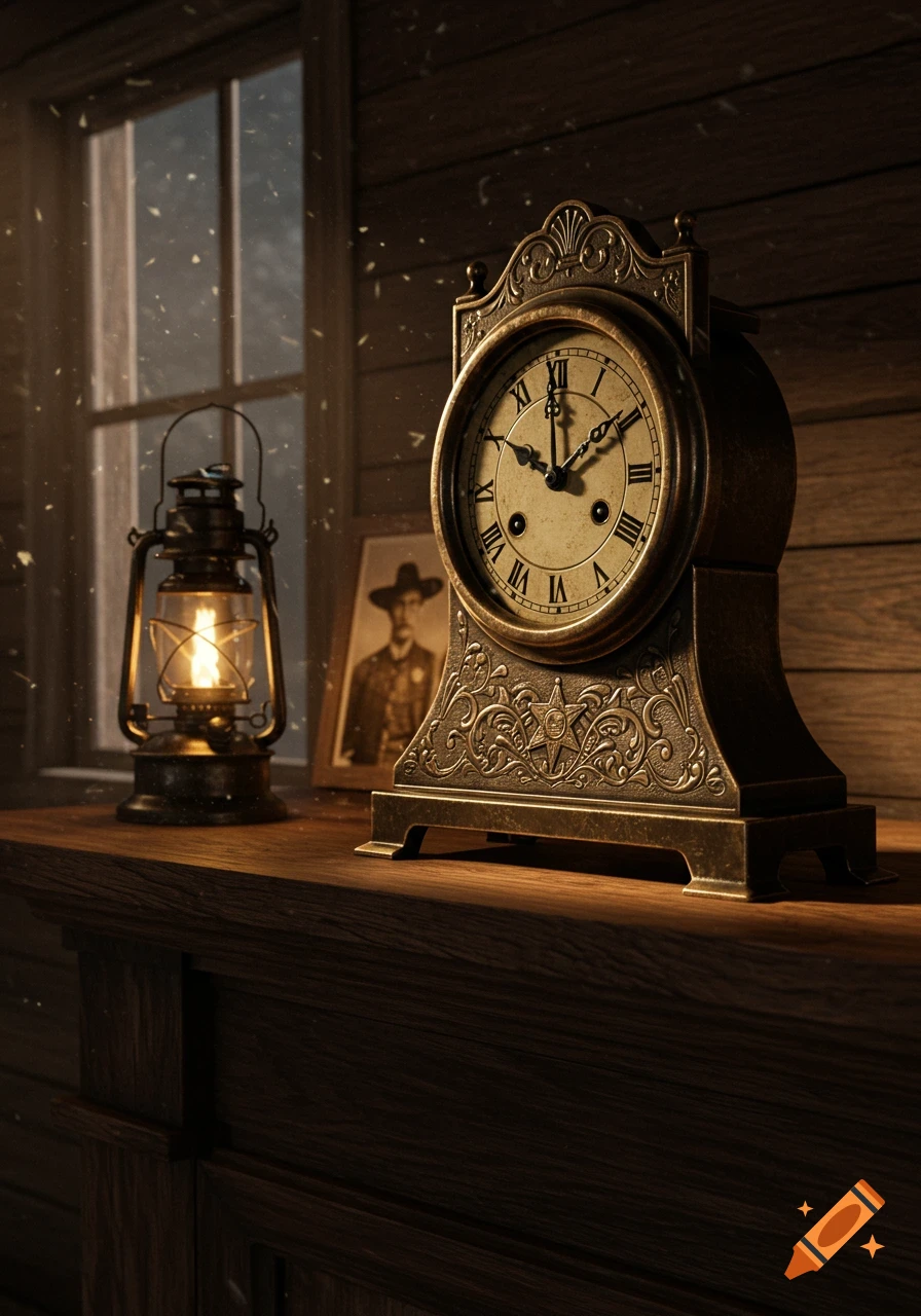 An antique clock and a lit lantern on a wooden table, with a framed photo of a man in a sheriff's hat behind them, next to a window.