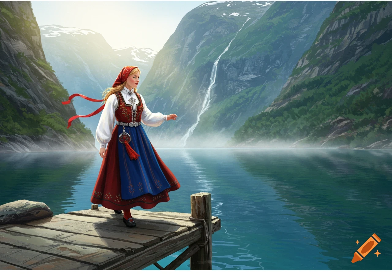 Woman in red and blue traditional Norwegian bunad on a wooden pier by a serene fjord with misty green mountains and waterfalls.