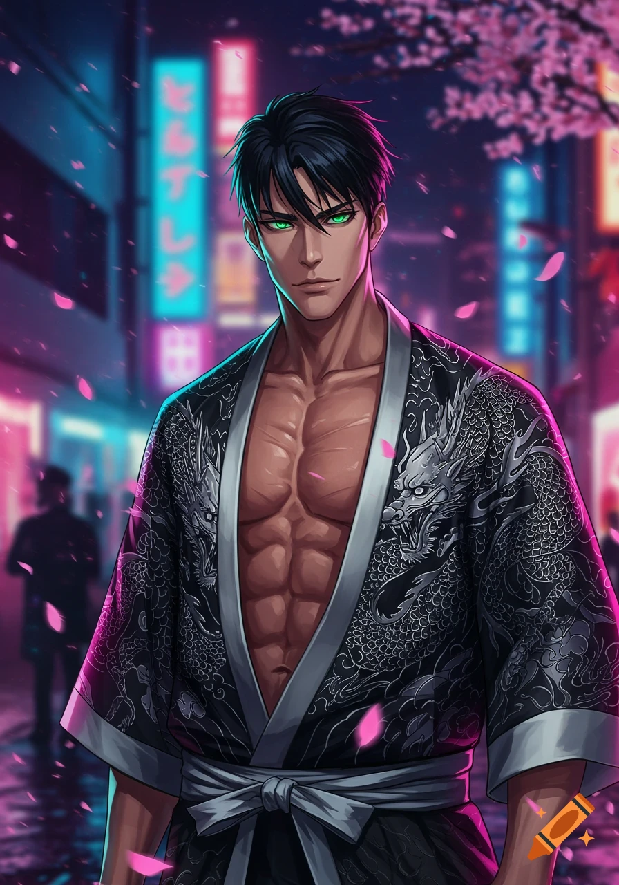 An athletic man with dark hair and green eyes, wearing an open black kimono with silver dragon patterns, stands in a neon-lit urban alley with cherry blossoms falling, in an anime style.
