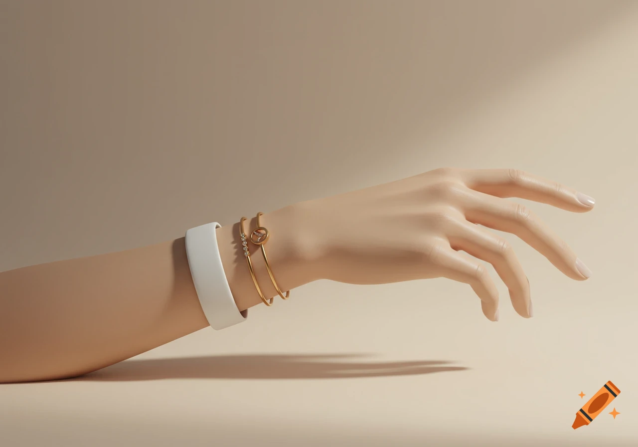A mannequin-like arm and hand wearing a white wristband and two gold bracelets, against a light brown background.