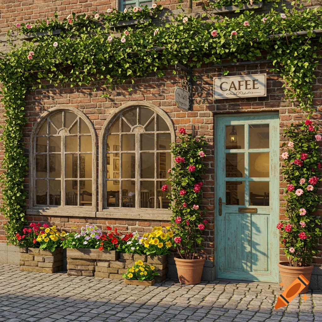 A photorealistic rendering of a charming brick cafe exterior with green vines, blooming flowers in window boxes, two arched windows, and a light blue door below a "CAFEE" sign.