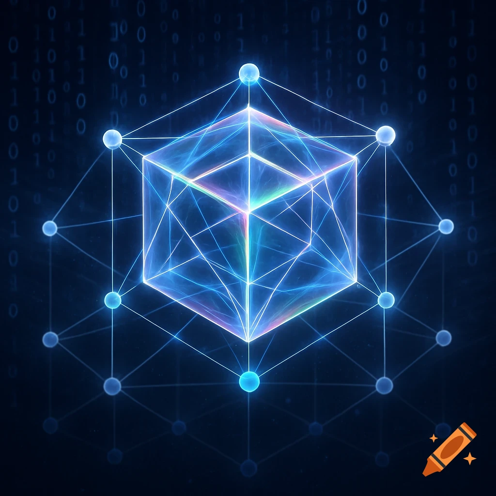 A glowing blue and purple transparent hypercube network structure with nodes and connecting lines, against a dark background filled with binary code.