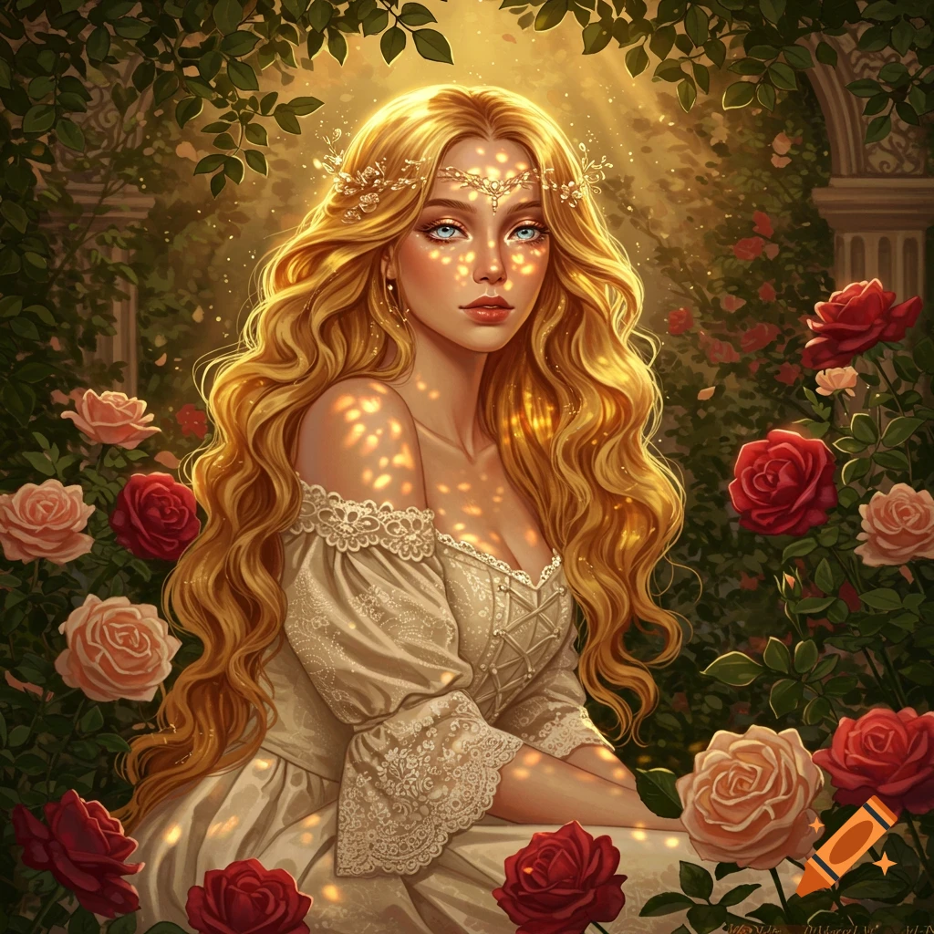 A beautiful woman with long blonde hair and a decorative headpiece sits among red and pink roses, illuminated by golden sunlight filtering through leaves.