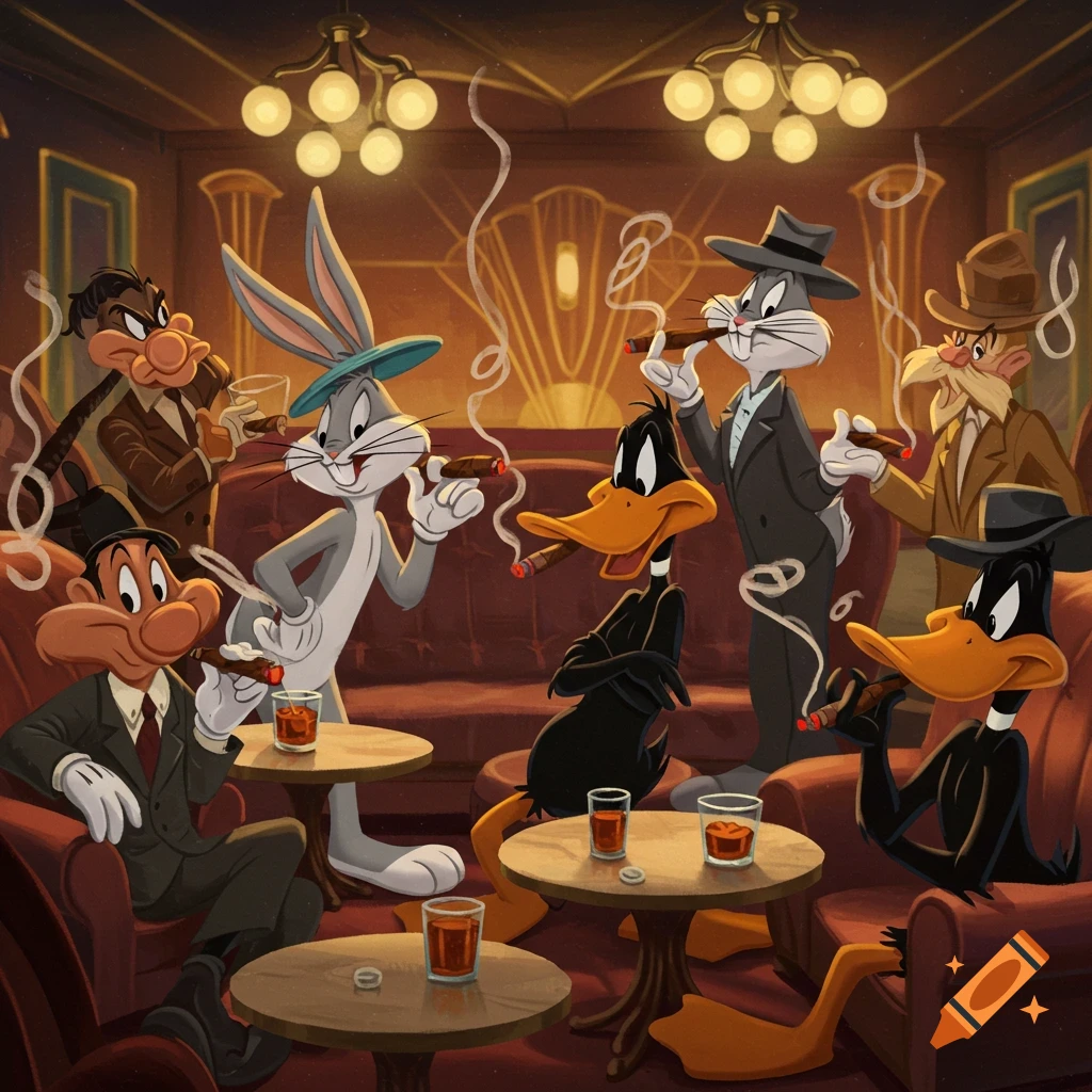 Looney Tunes characters Bugs Bunny, Daffy Duck, and others smoking cigars and drinking in a dimly lit, luxurious room.