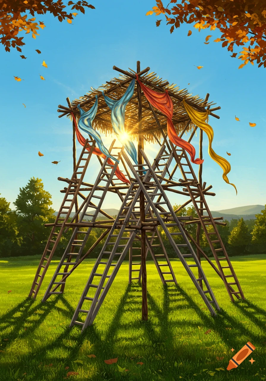 A sunny autumn scene with a sukkah-like structure made of ladders, a thatched roof, and colorful banners in a grassy field.