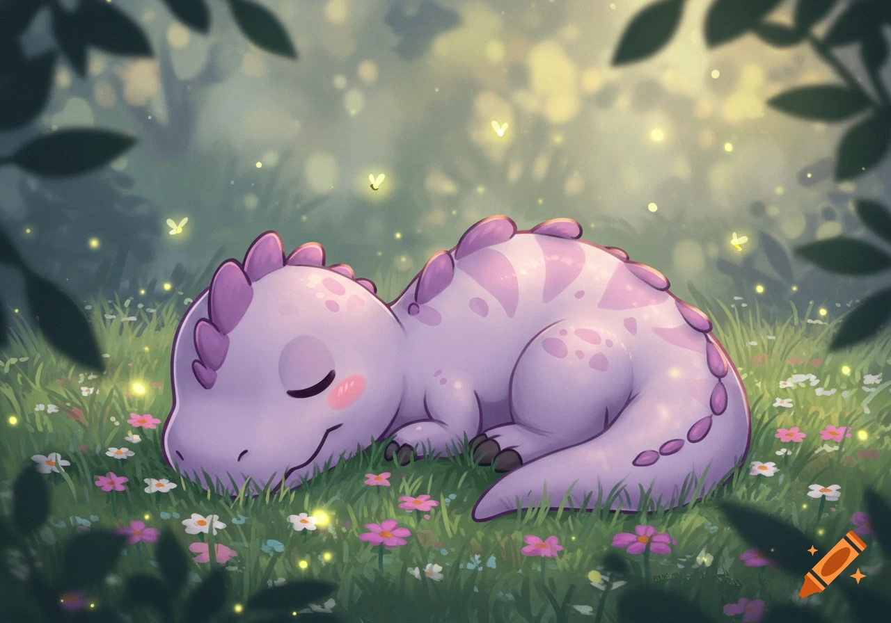 A cute, pastel purple chibi dinosaur with pink spots and scales sleeps peacefully in a field of colorful flowers with glowing fireflies.