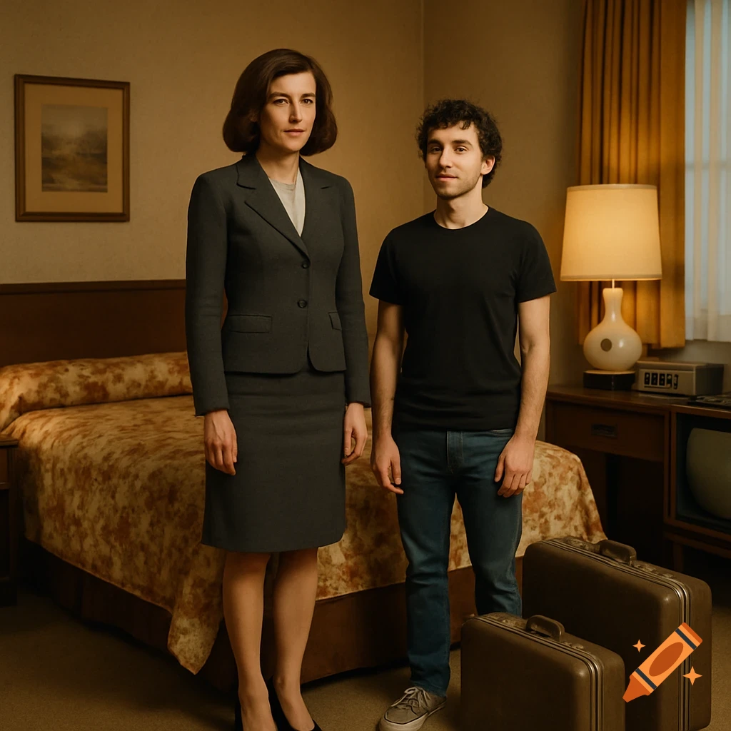 A mature woman in a dark business suit stands next to a younger man in a black t-shirt and jeans in a 1970s hotel room. Two suitcases are on the floor.