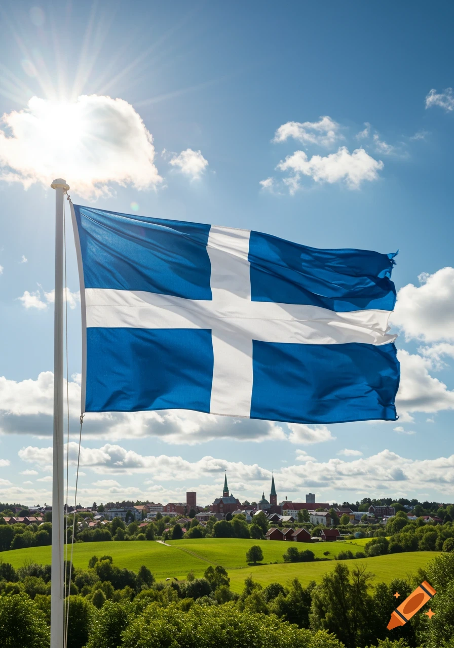 The blue and white flag of Skövde waves in the sun above a green landscape and a town with church spires under a bright blue sky.