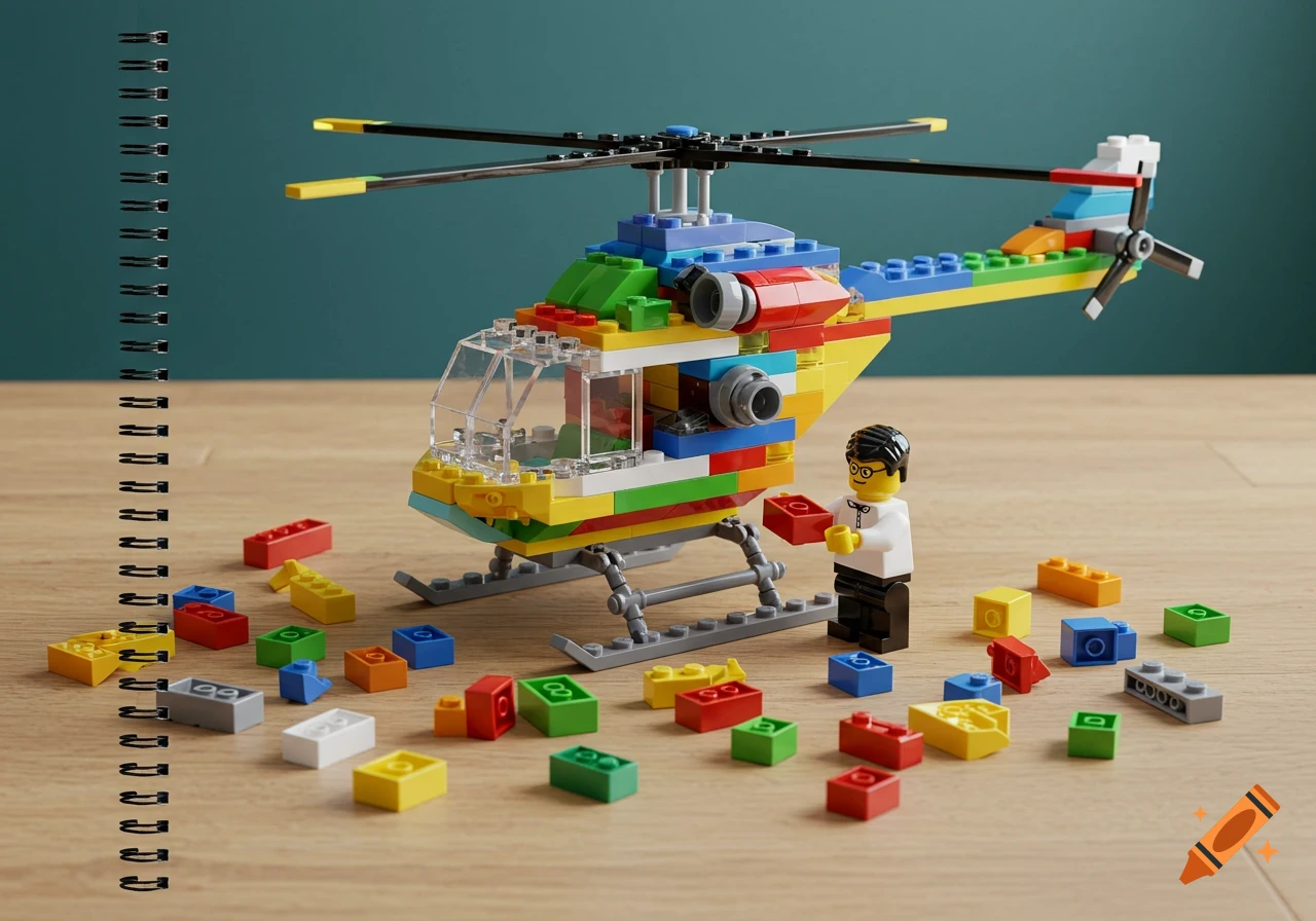 A Lego figure in a white shirt and black pants builds a large, colorful Lego helicopter, surrounded by scattered Lego bricks on a wooden surface, framed like a notebook cover.