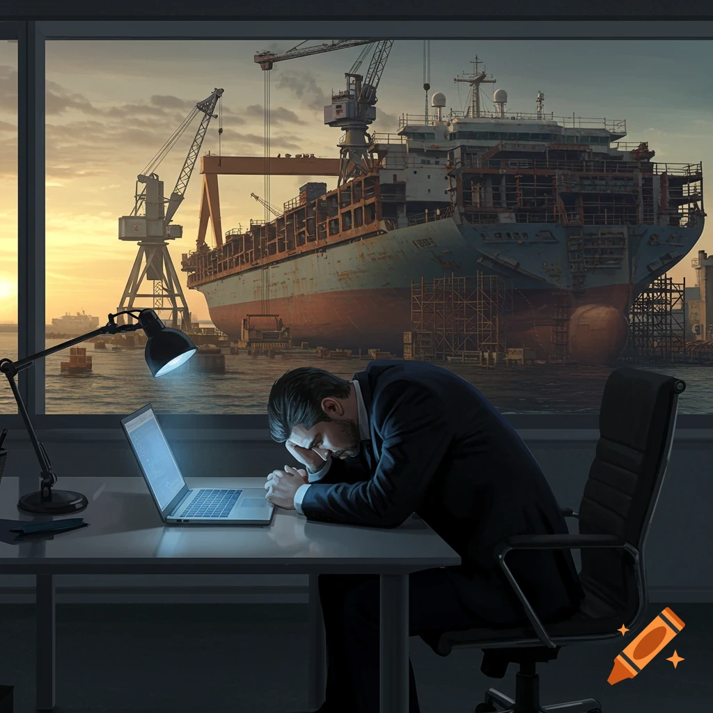 A man sits hunched over a laptop at a desk in a dark office, with a view of a shipyard and a large ship under construction at sunset.