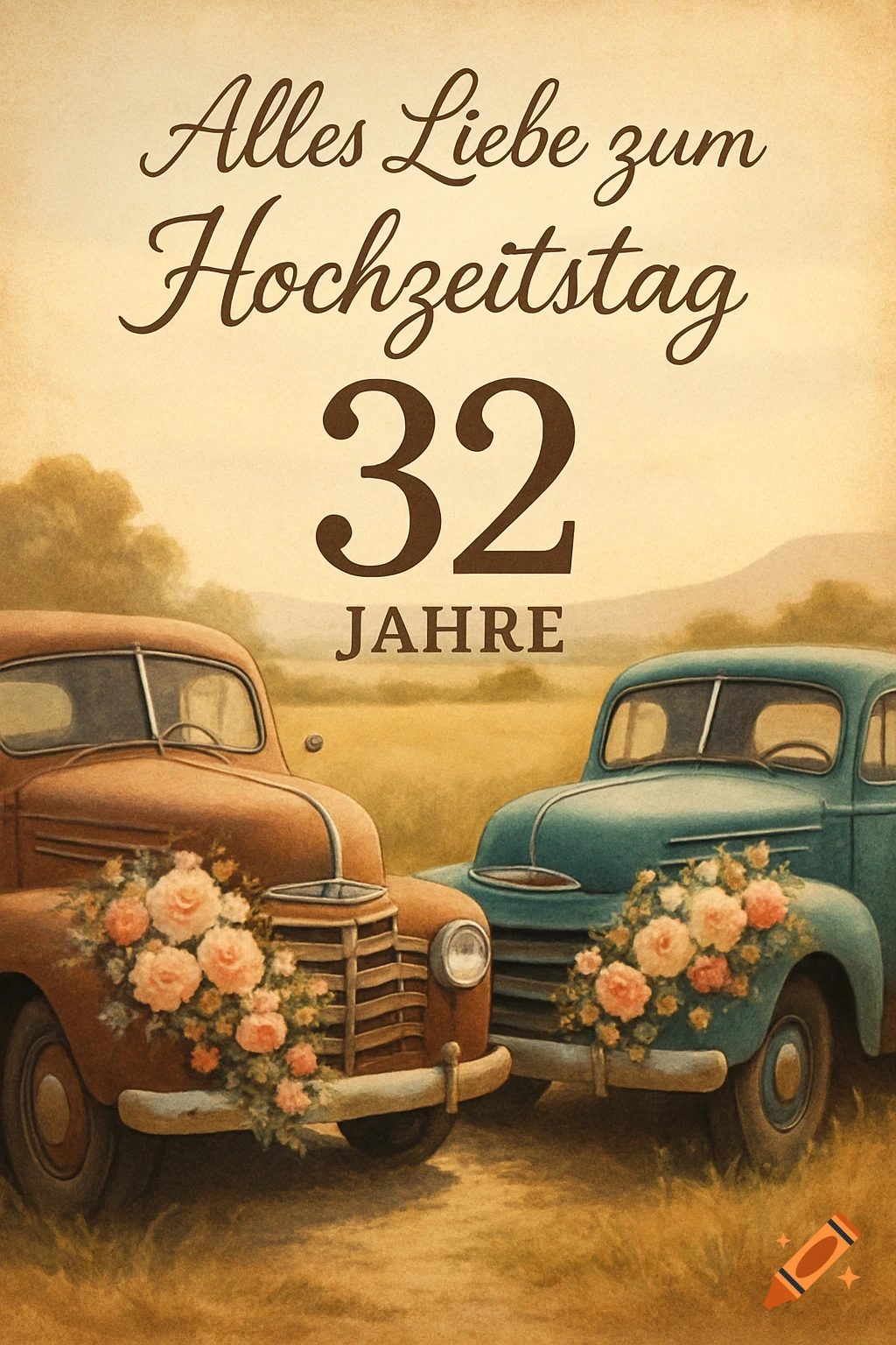 A vintage-style anniversary card featuring two old trucks adorned with flowers in a field, with German text.