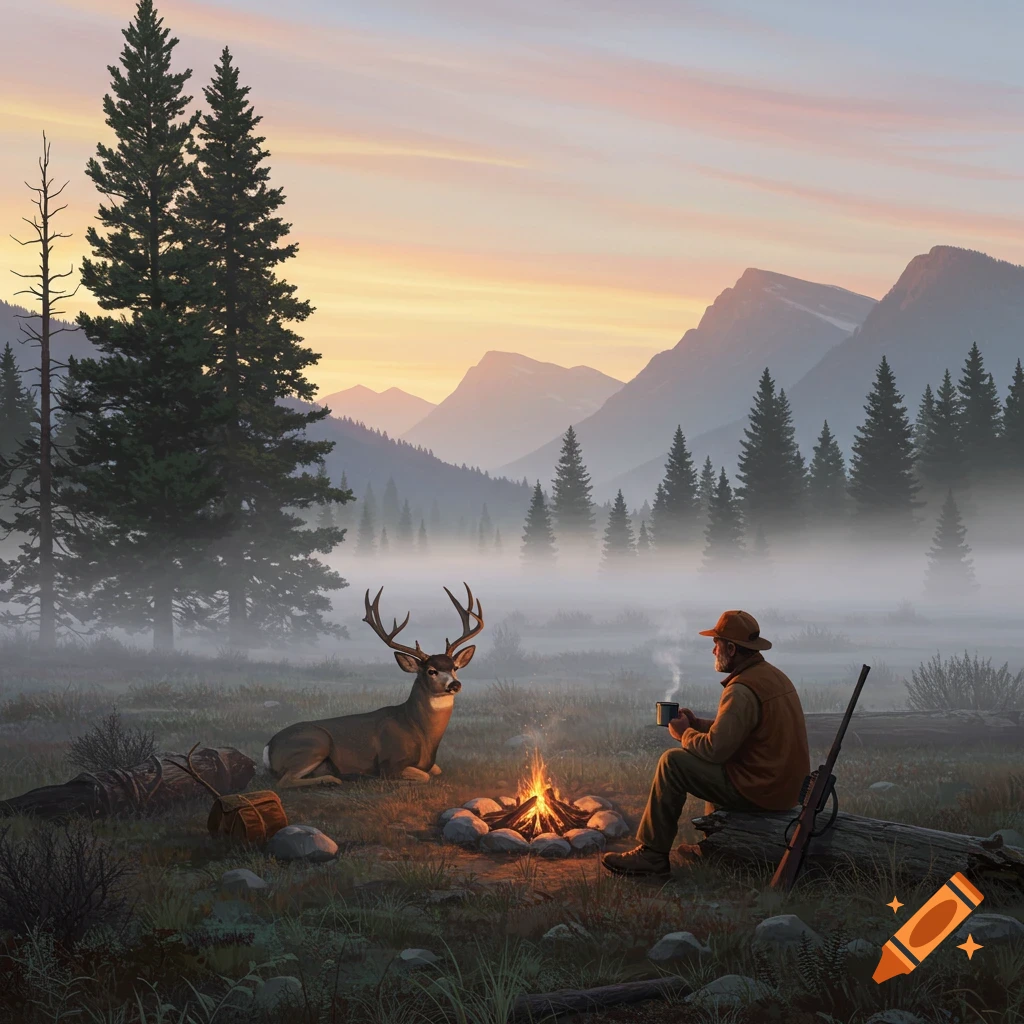 A hunter and a mule deer sit by a campfire in a misty Montana valley at sunrise, with pines and mountains in the background.