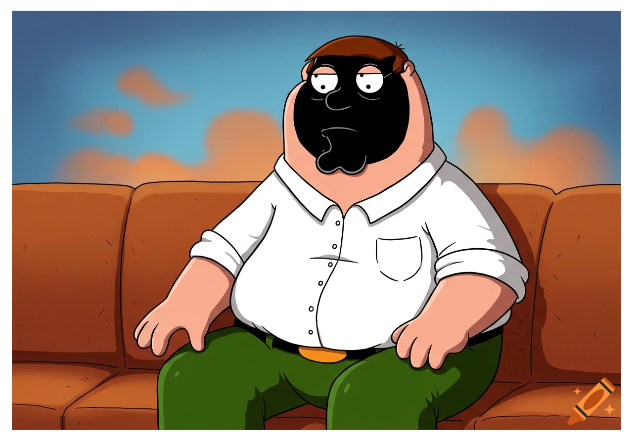 Cartoon Peter Griffin sits on a brown couch, his face a black, mysterious mask in The Witness style, against a blue and orange sky background.