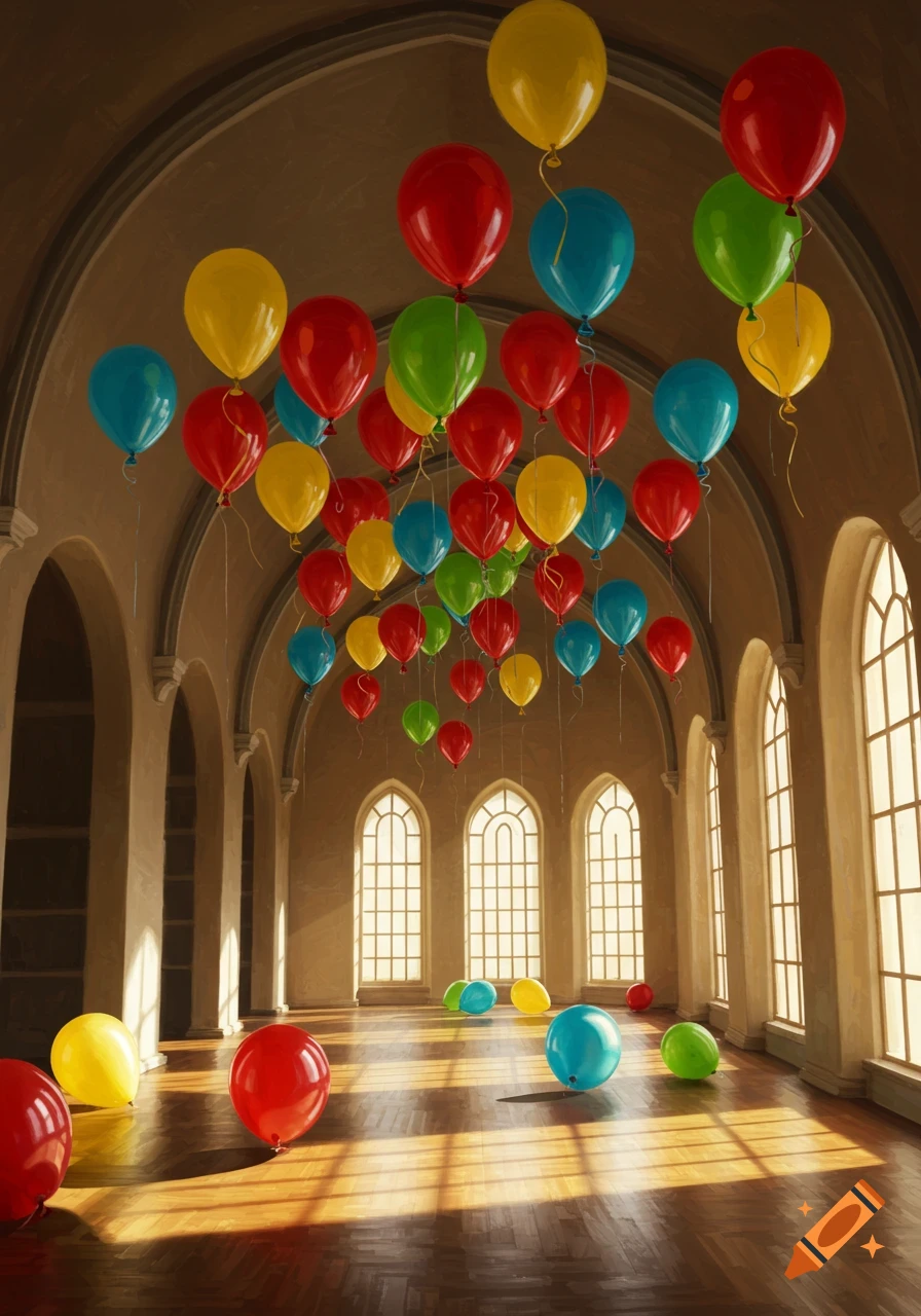 A grand, arched hall with large windows, sunlight streaming onto a wooden floor, and numerous red, yellow, green, and blue balloons floating near the high ceiling and scattered on the floor.