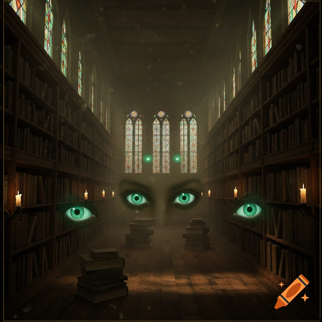 Mysterious glowing green eyes float in a dark, candlelit library with stained-glass windows and towering bookshelves.