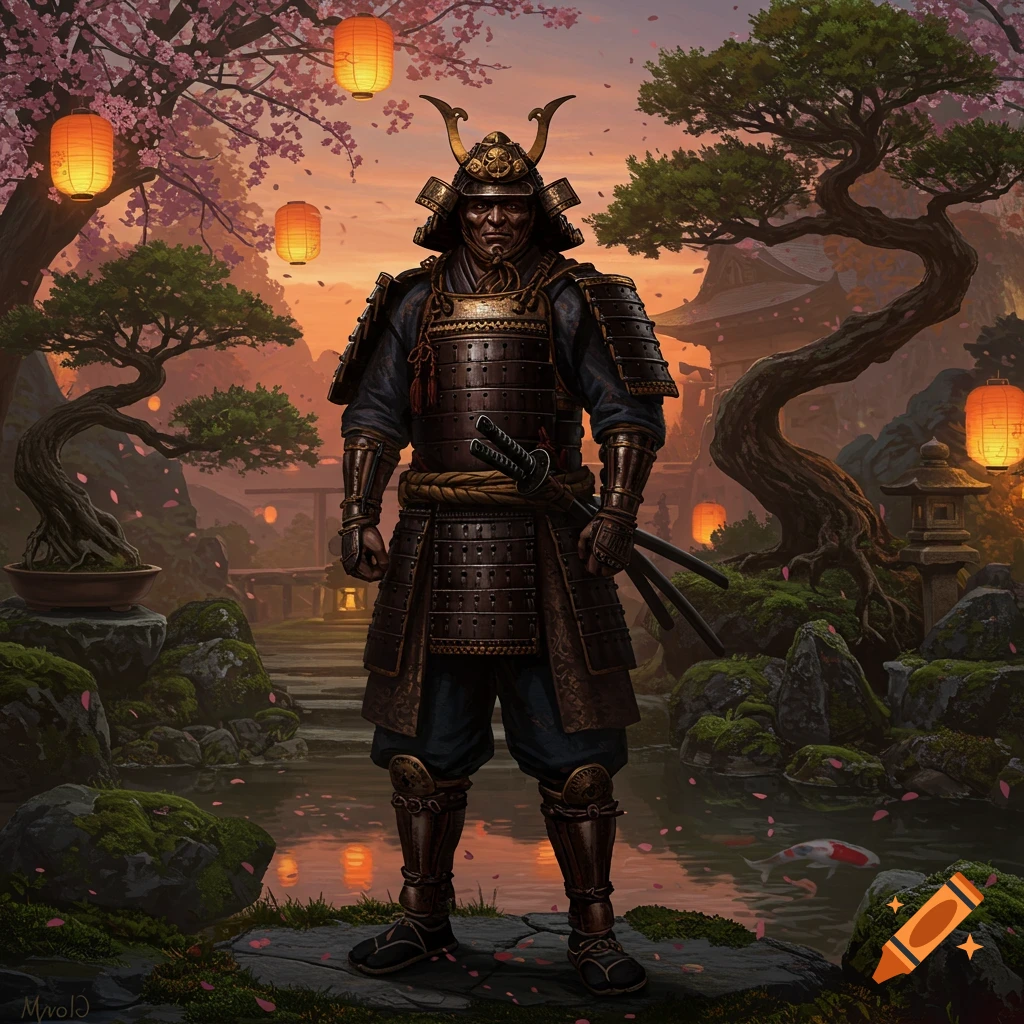 A samurai warrior in dark armor stands in a serene Japanese garden with cherry blossoms, lanterns, and a pond at sunset.