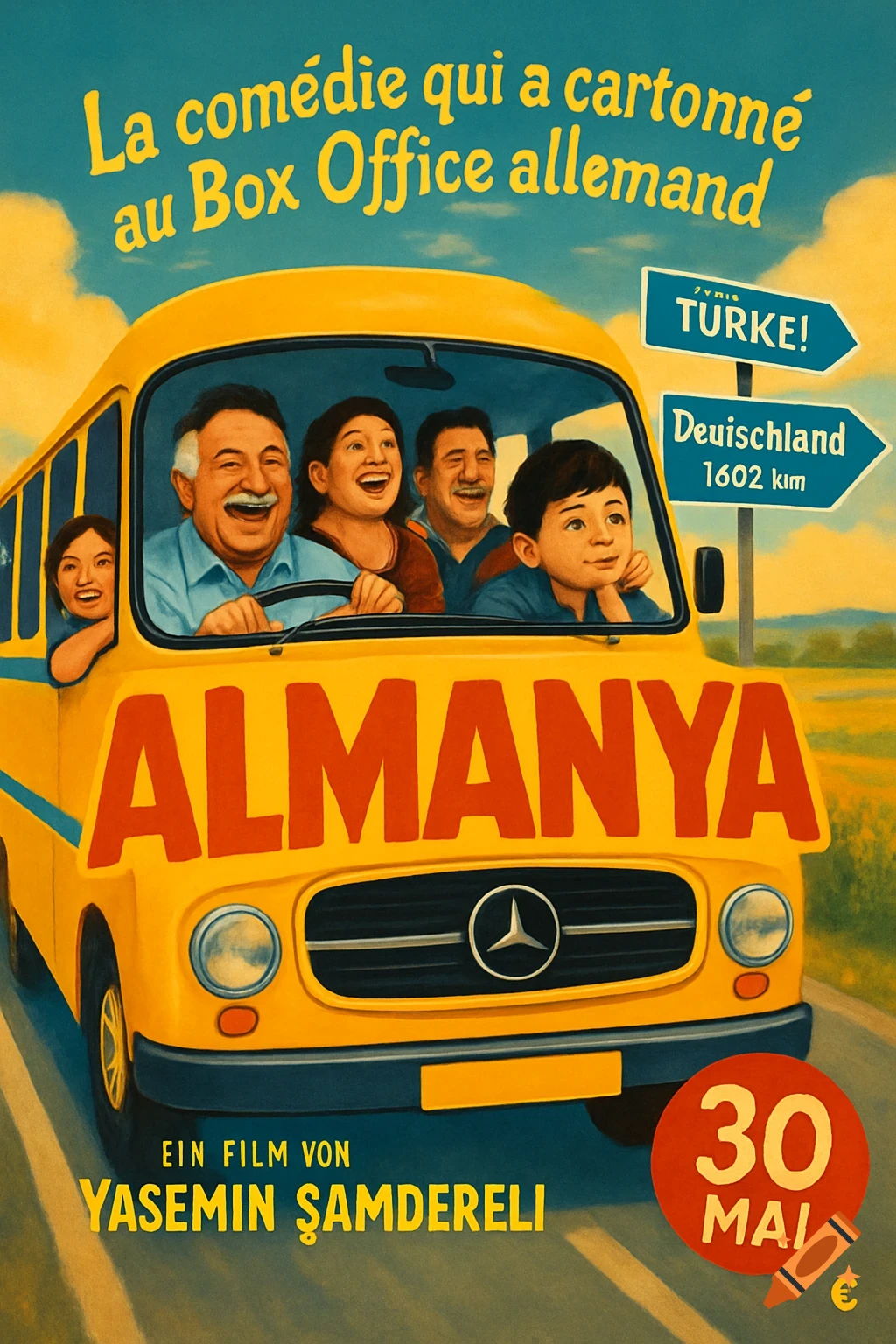 A cheerful movie poster features a yellow bus carrying a laughing Turkish family on a road trip, with road signs pointing to Deutschland and Turke.
