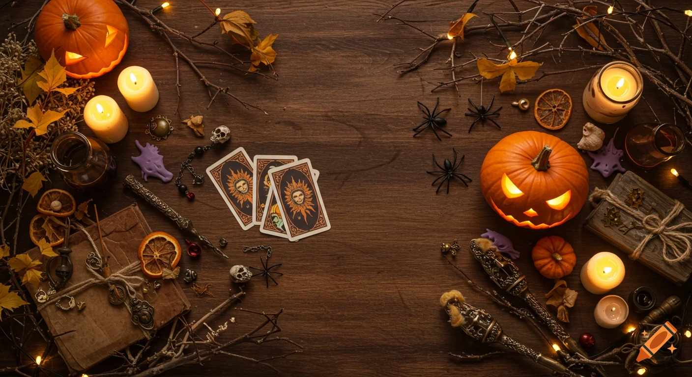 Top-down view of Halloween decorations on a dark wooden table, featuring carved pumpkins, lit candles, tarot cards, and spiders, with warm lighting.