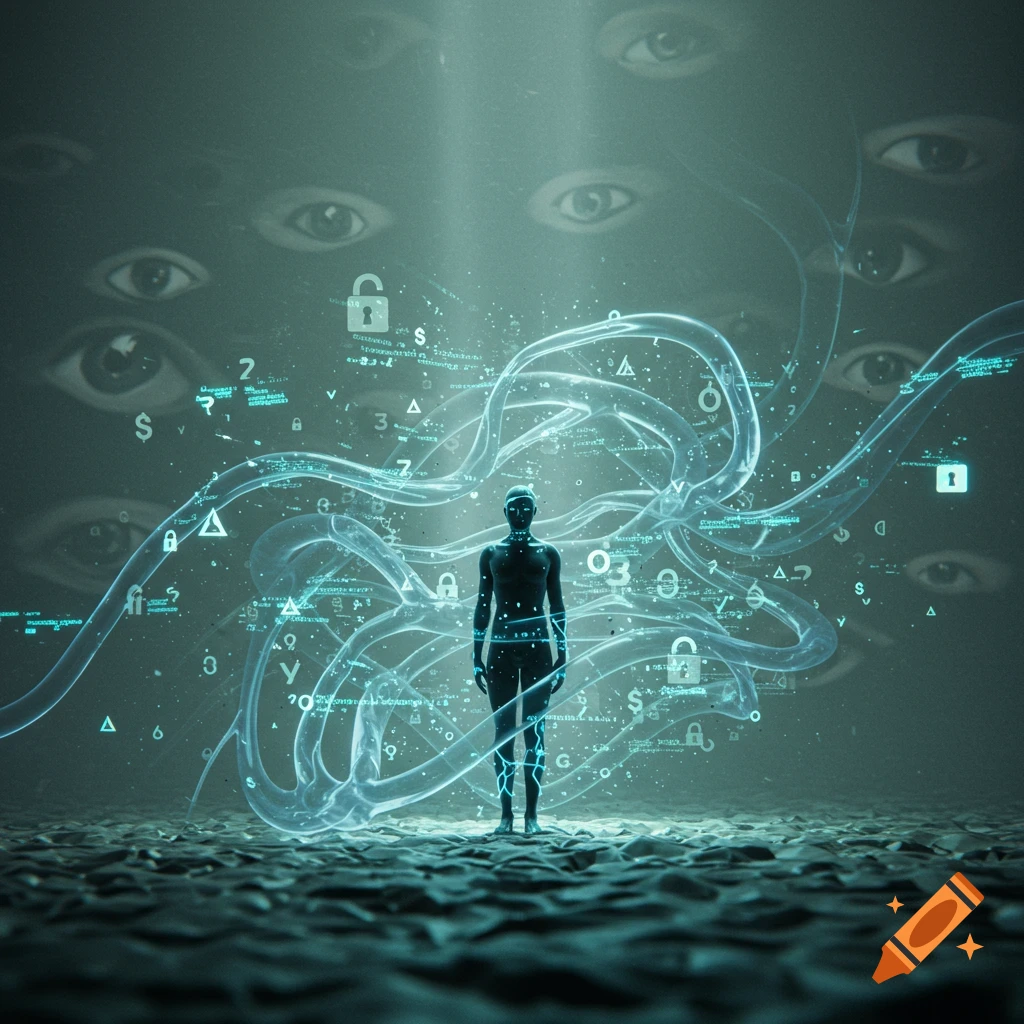 A dark humanoid figure stands amidst glowing blue data streams, symbols, and floating eyes in a digital, sci-fi landscape.