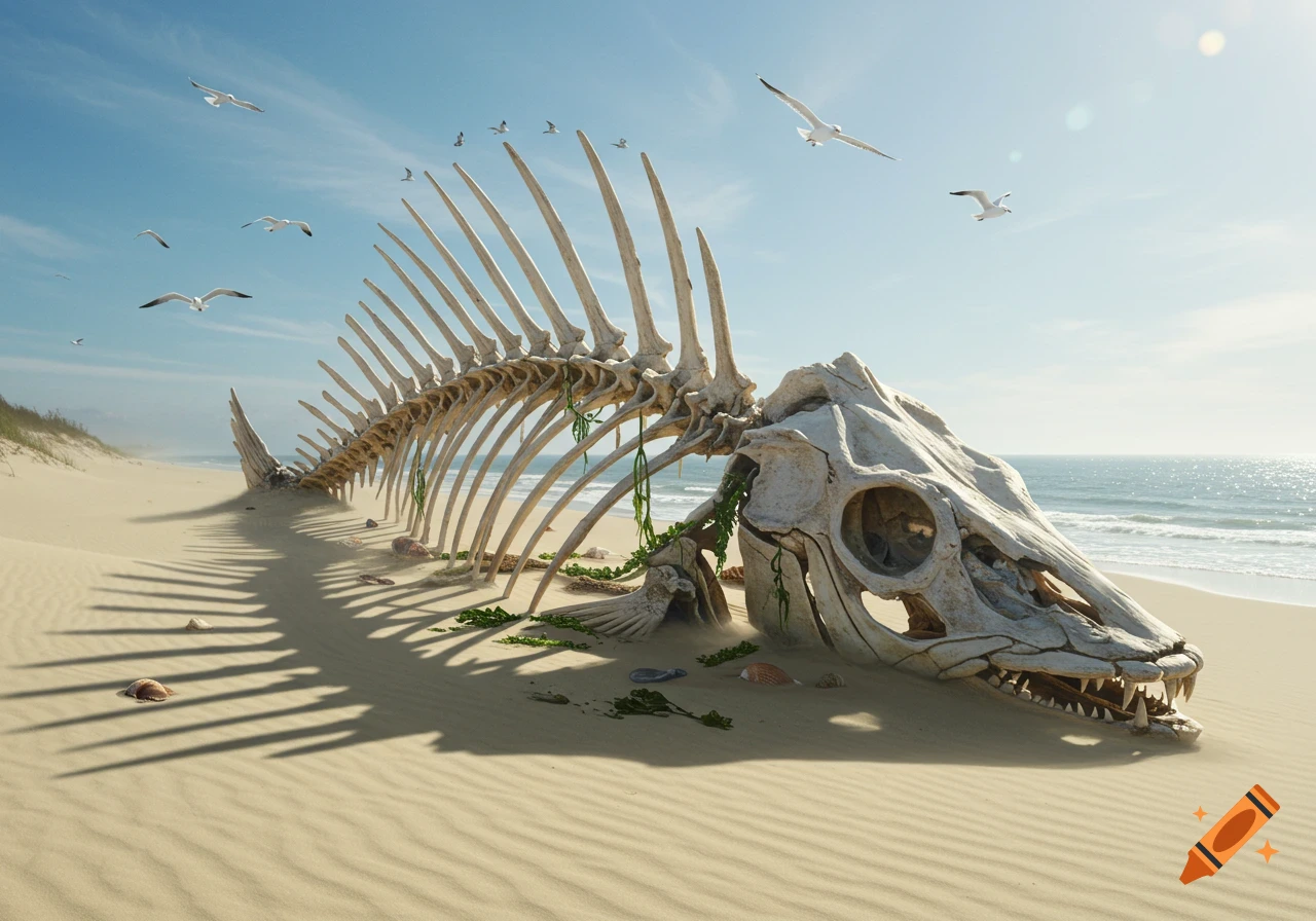 A large, detailed fish skeleton lies on a sunny sandy beach with seagulls flying overhead and ocean waves in the background.