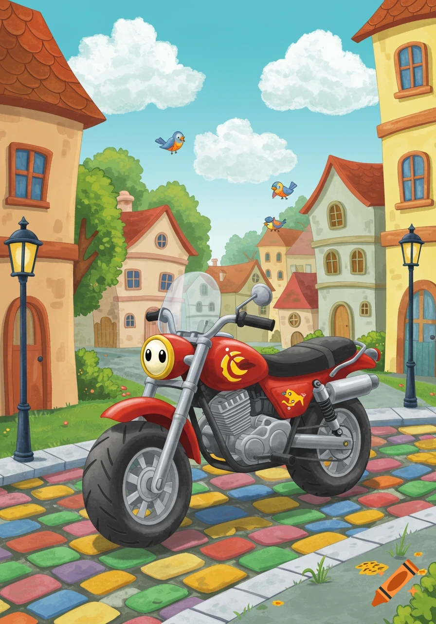 A cheerful red cartoon motorcycle with big eyes on its headlight is parked on a colorful cobblestone street in a whimsical town illustration.