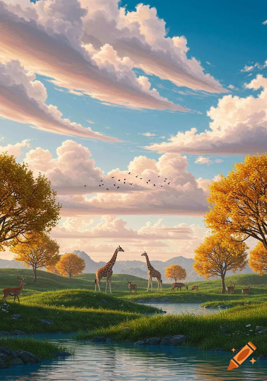 A vibrant digital painting of giraffes and deer by a river in a lush, autumn landscape under a dramatic cloudy sky.