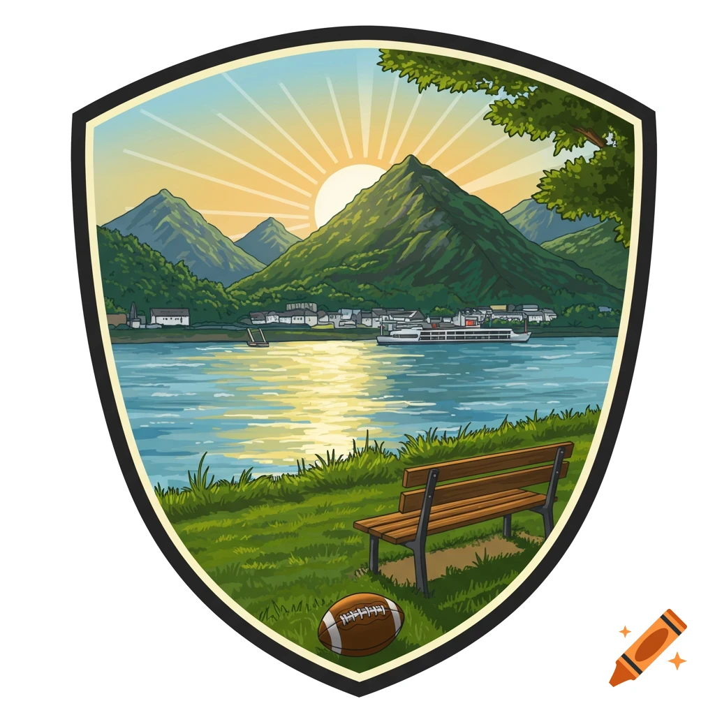 An illustrative crest featuring a sunset over mountains and a river with a village, a park bench, and a football on grassy bank.