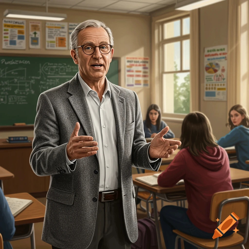 An older male teacher in a gray tweed jacket and glasses stands and gestures in front of a classroom of students, speaking to them.