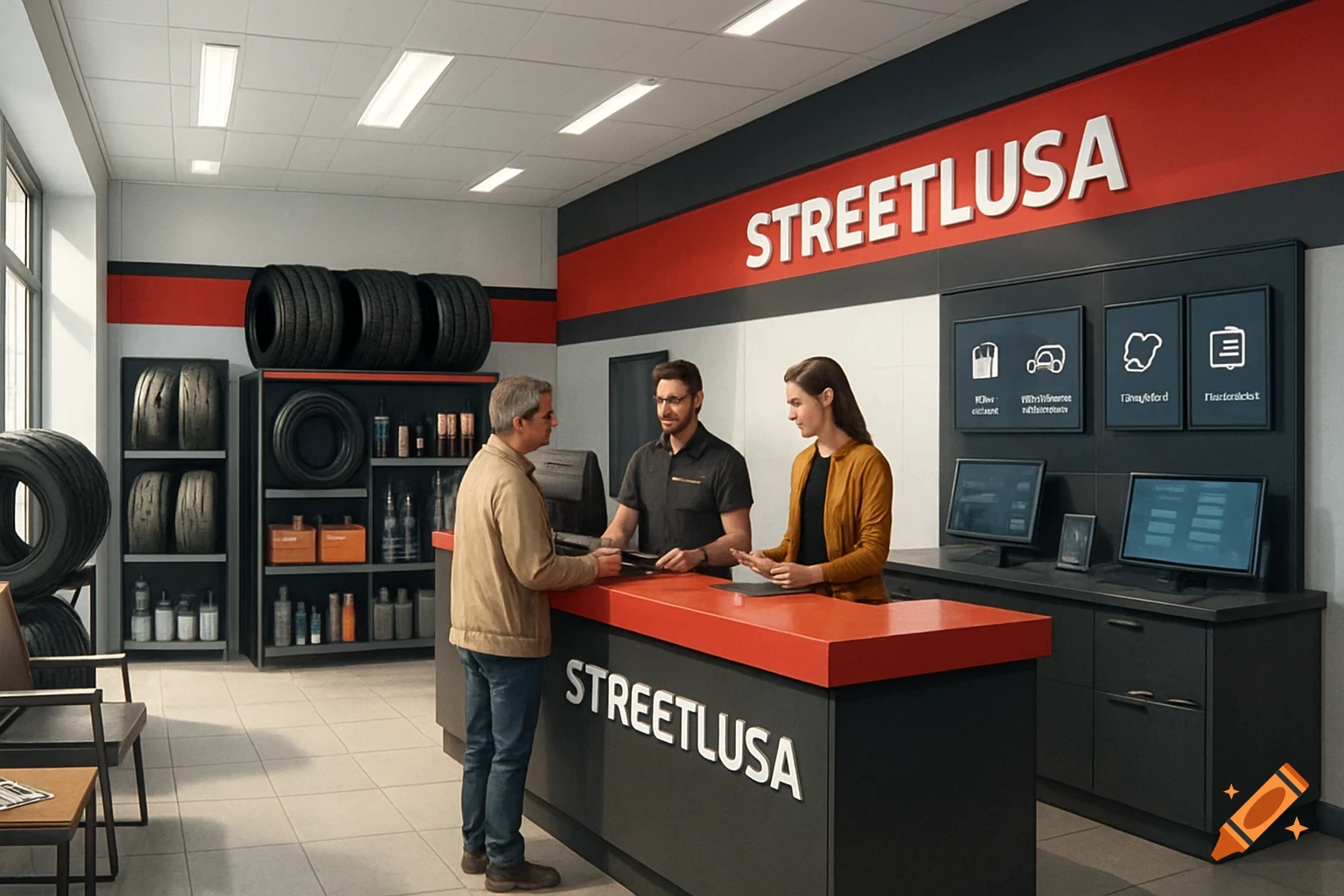 An interior shot of a modern automotive services store named StreetLusa, with staff assisting customers at a red and black counter. Shelves display tires and tools.