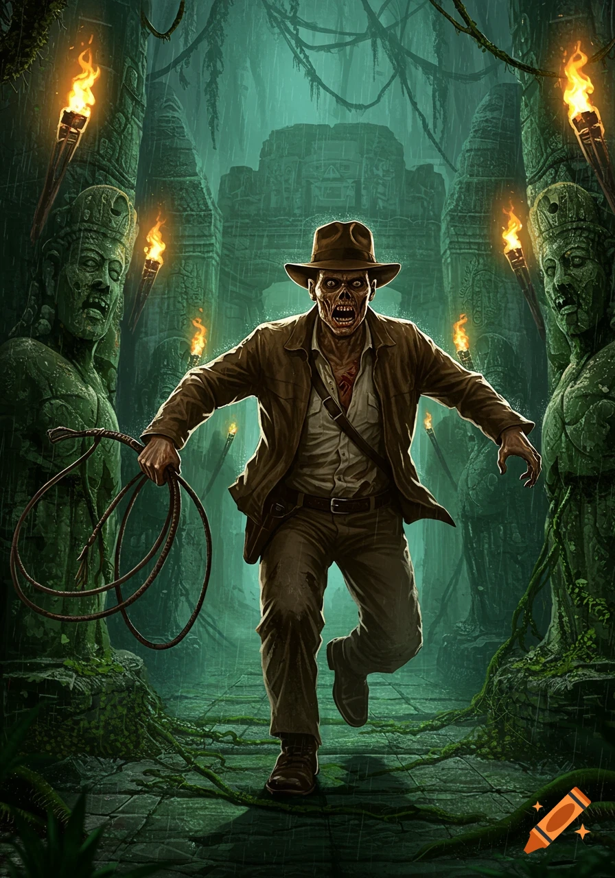 Zombie Indiana Jones runs through a torch-lit, overgrown jungle temple, holding a whip in a stylized illustration.
