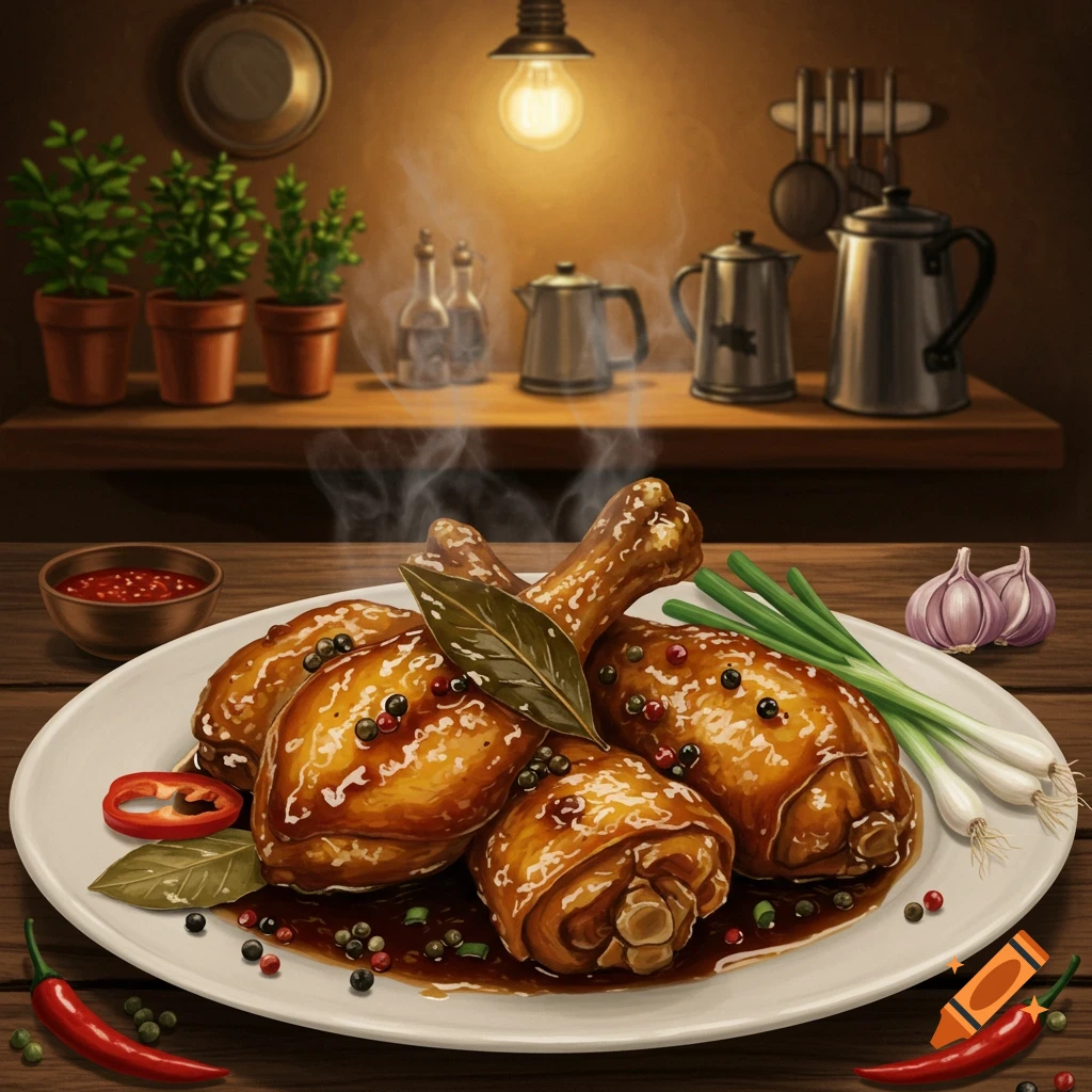 A steaming plate of chicken adobo garnished with bay leaves, peppercorns, scallions, chili, and garlic, set in a rustic kitchen.