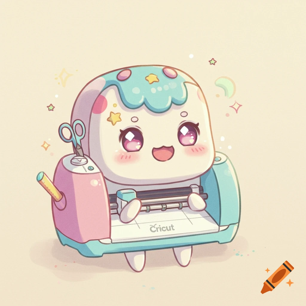 A cute, smiling kawaii cartoon character shaped like a pink and blue Cricut cutting machine, with stars and glitter.