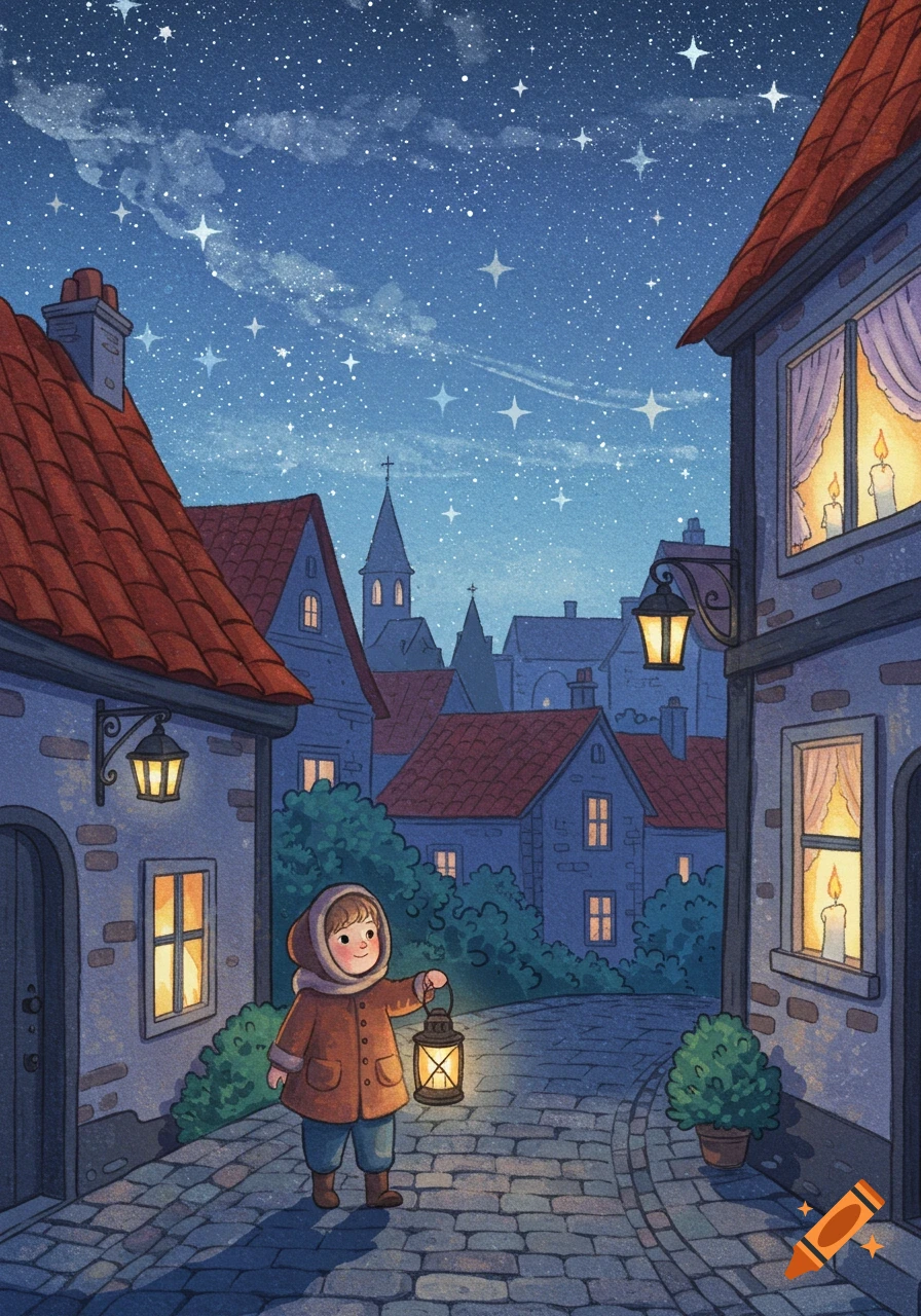 Whimsical illustration of a child with a lantern walking on a cobblestone street in an old town under a starry night.
